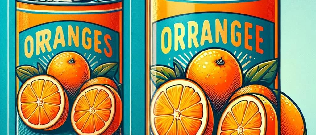 Canned orange variations with vibrant packaging on a rustic wooden background