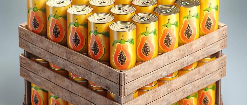 variety of canned papaya products on a vibrant background