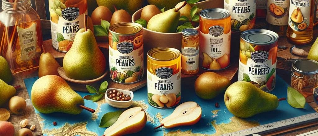 canned pears with varied packaging on a wooden table