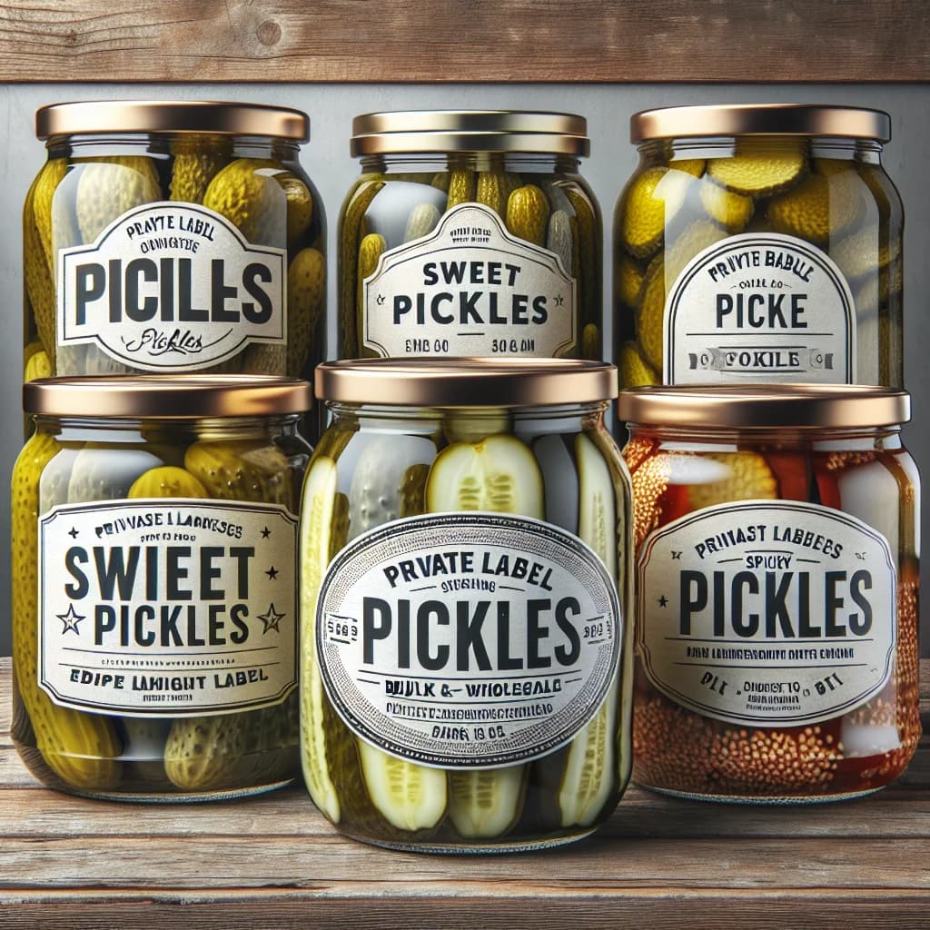 variety of canned pickles in jars with different packaging on a wooden table