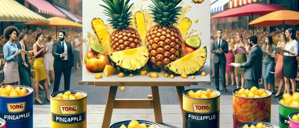 Canned pineapple variations with different packaging on a tropical background