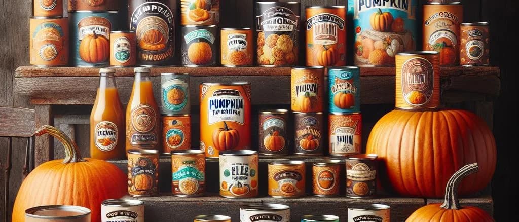 Canned pumpkin variations with different packaging on rustic background