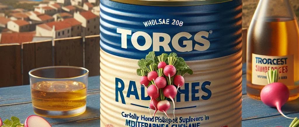 Canned radishes in various packaging forms, including cans and jars, displayed against a kitchen background without people.