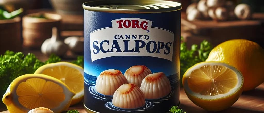 assorted canned scallops in different packaging with nautical-themed background