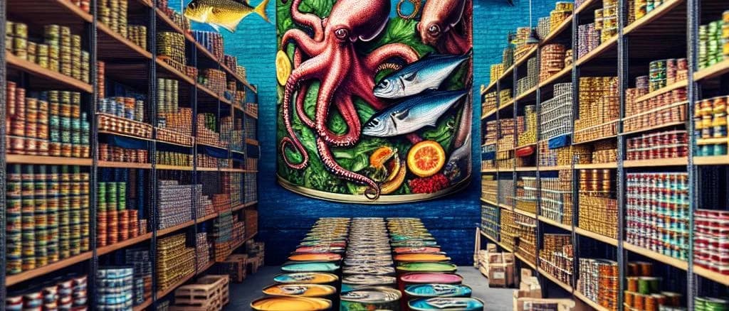 Assorted canned seafood variations on rustic wooden background