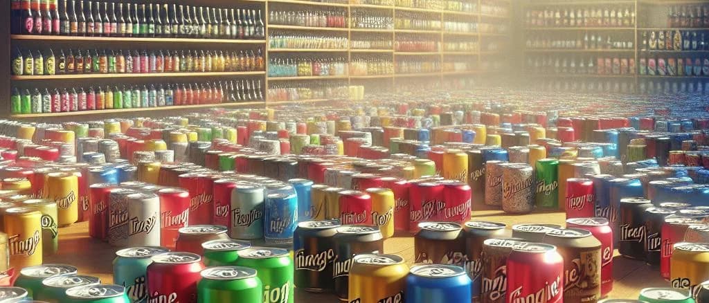 Assorted canned soda variations in vibrant packaging against a neutral background