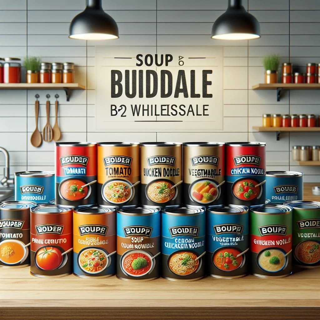 canned soup packaging variations with different flavors on a clean kitchen countertop