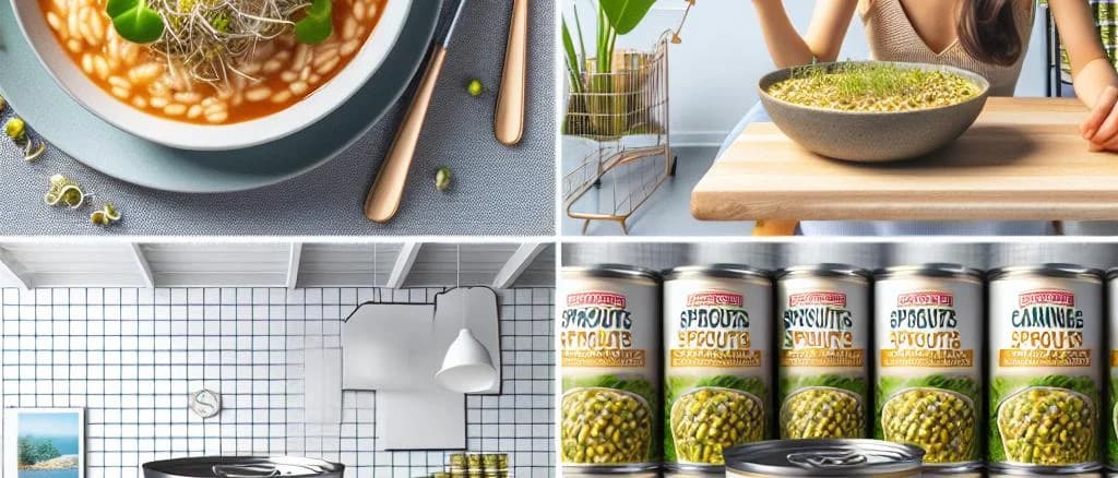 assortment of canned sprouts with different packaging on a neutral background
