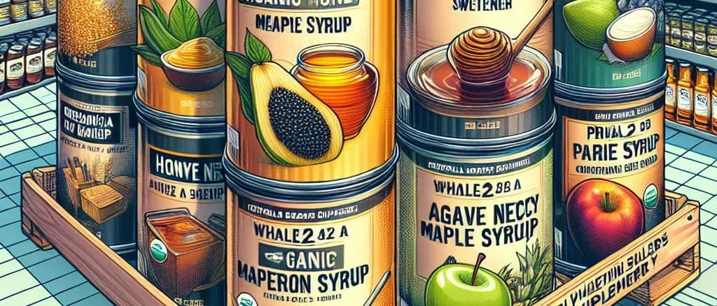 Various canned sweetener products with distinct packaging on a wooden surface