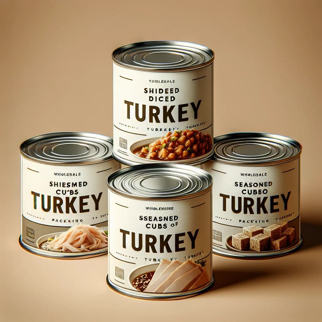 canned turkey products in bulk packaging with variations on a neutral background