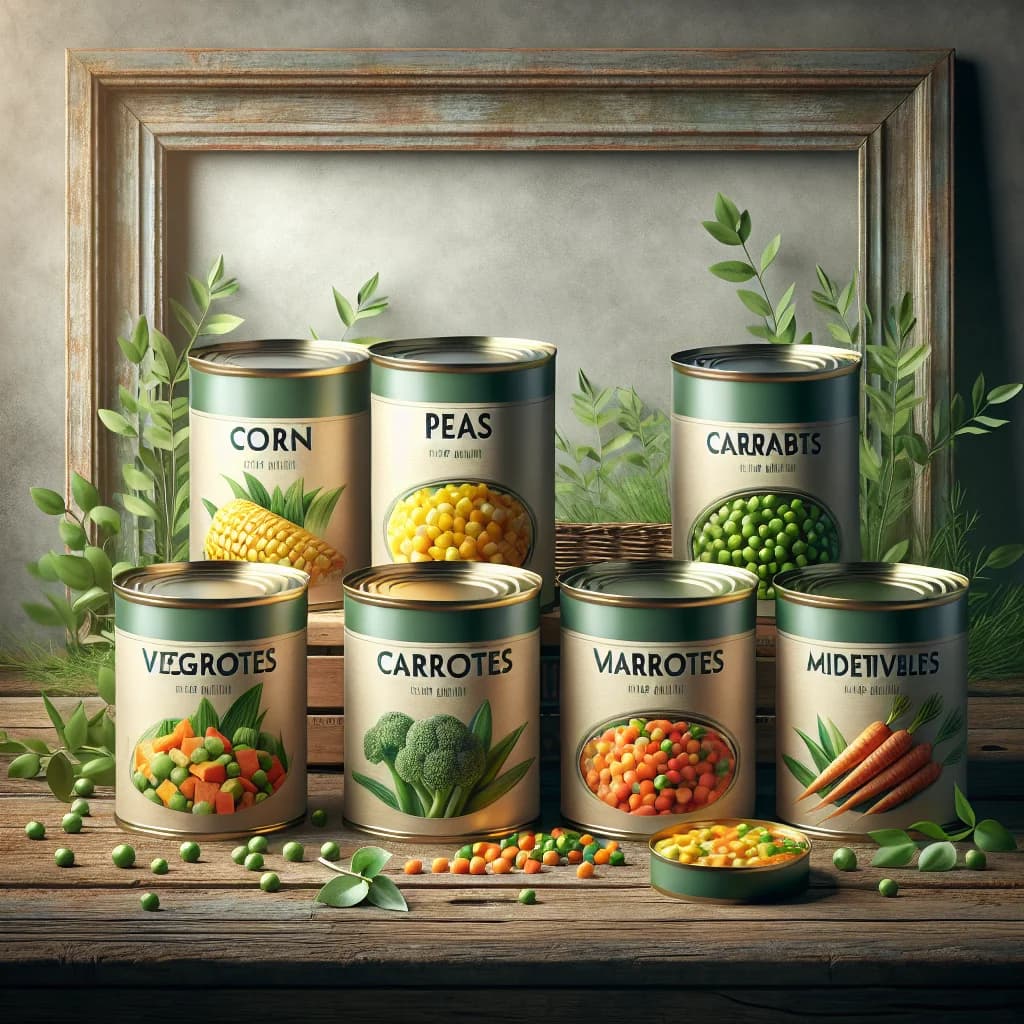 assorted canned vegetables in vibrant packaging arranged on a rustic wooden table