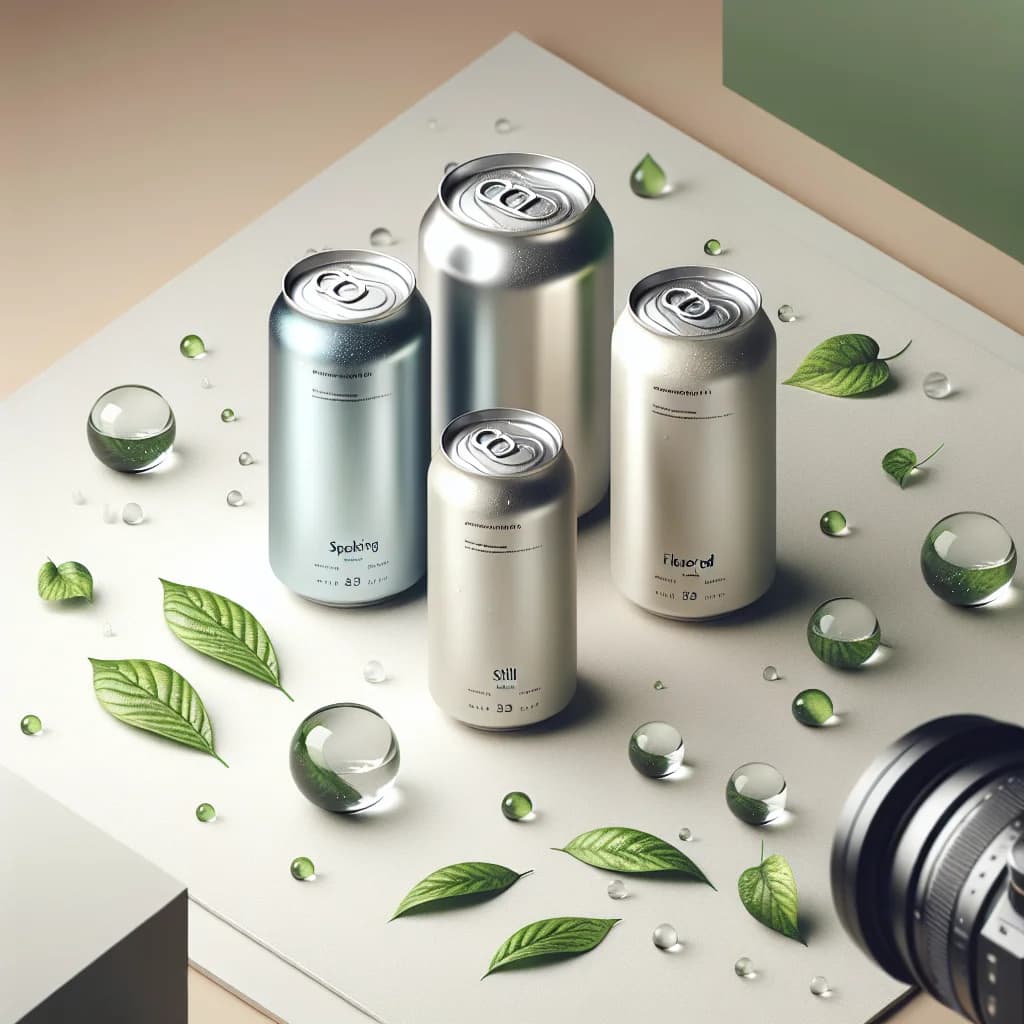 canned water in sleek aluminum packaging arranged with eco-friendly branding elements