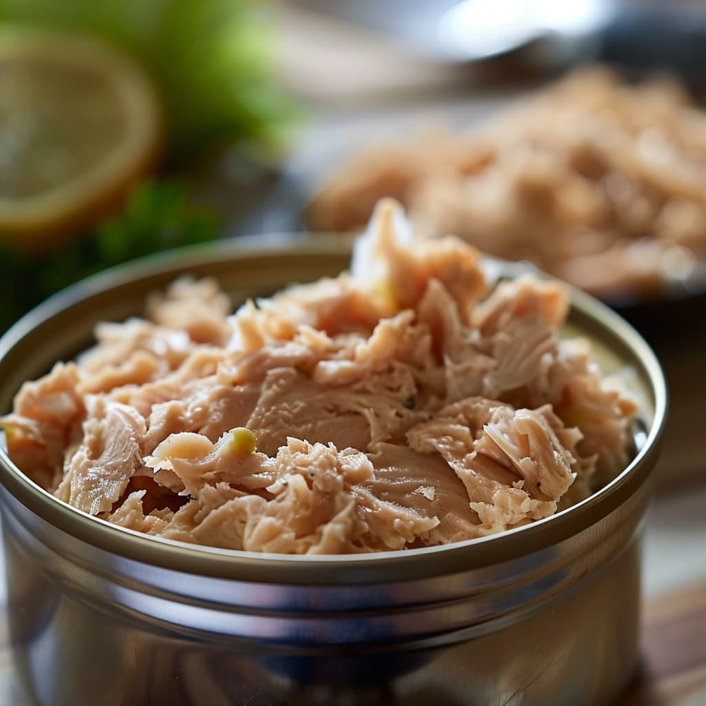 Three variations of canned tuna in different packaging with coastal background