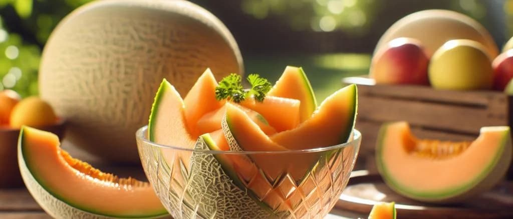 Freshly harvested cantaloupe melons on a wooden table with slices showing the vibrant orange flesh
