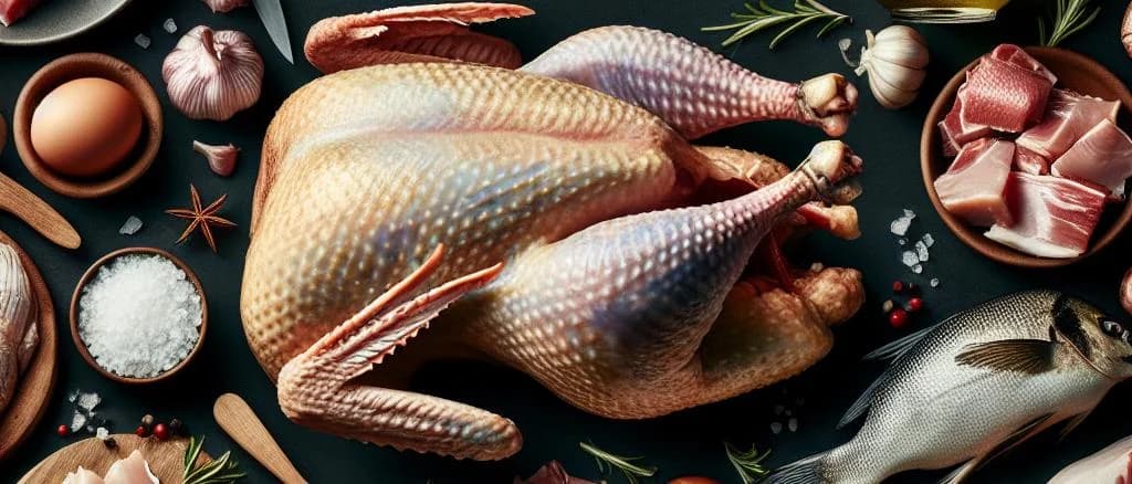 Various capon dishes on rustic wooden table