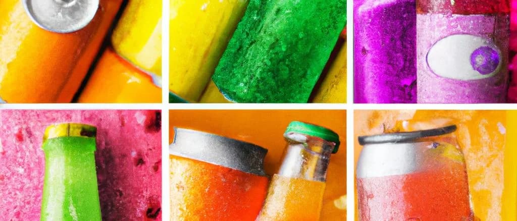 carbonated juice bottles with various fruit flavors on a wooden table