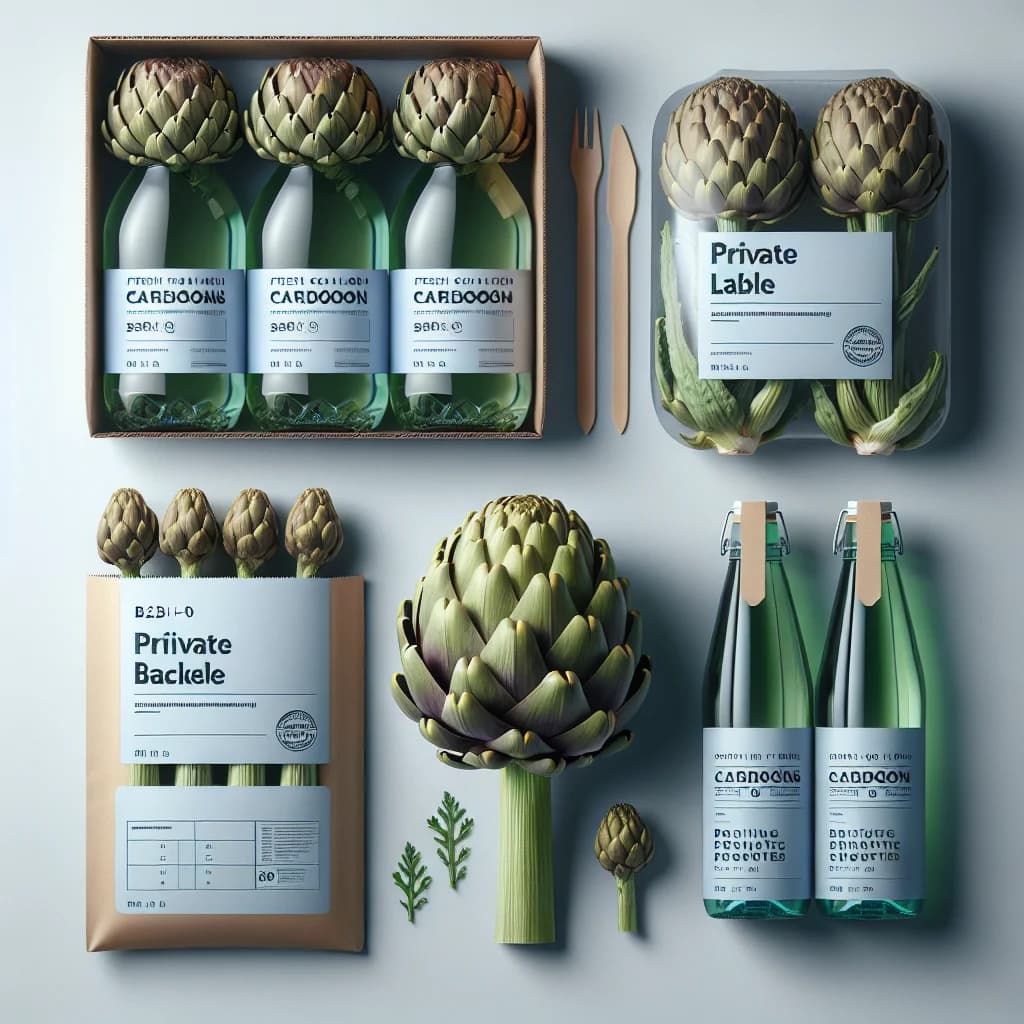 fresh cardoons in bulk packaging with sustainable labeling on a neutral background