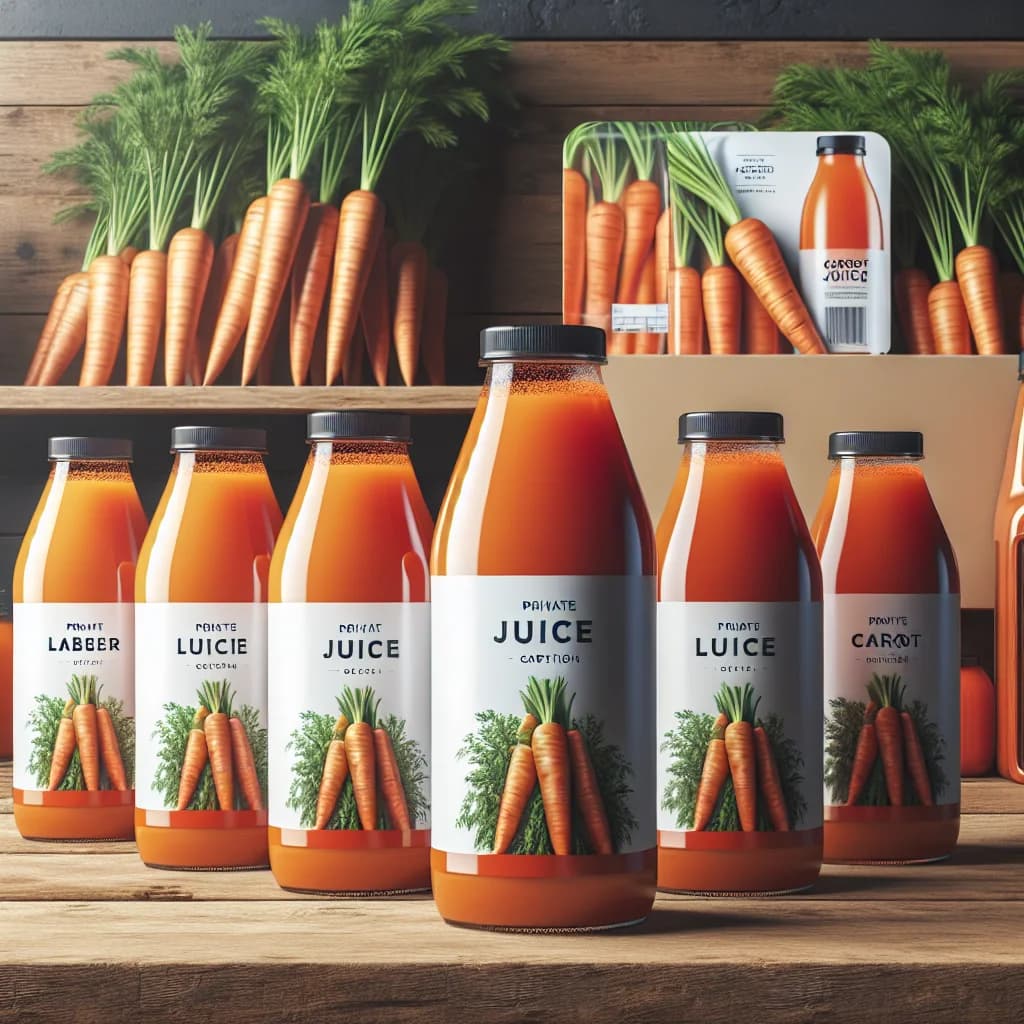 premium carrot juice in various packaging formats with orange and green accents, displayed on a wooden countertop
