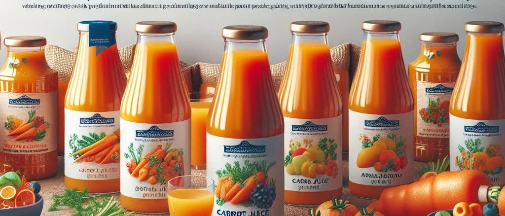 Variety of carrot juice bottles with fresh carrots in modern packaging