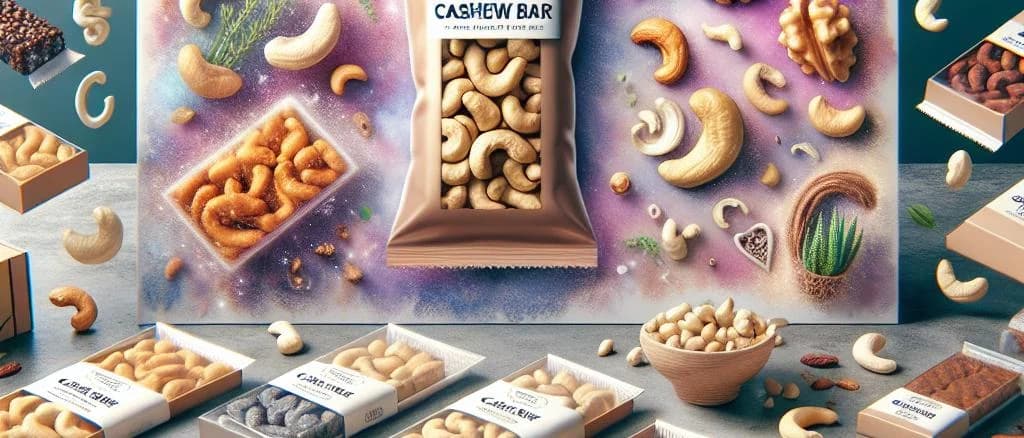 Cashew nut bars with various packaging designs on a wooden background