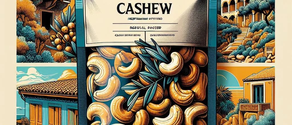 Assorted cashew nuts in various packaging options on a wooden background