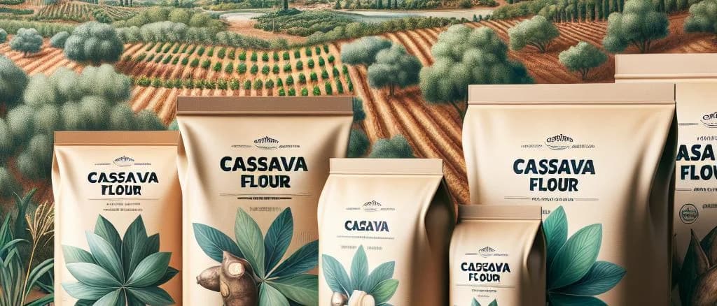 Assorted variations of packaged cassava flour on a rustic wooden table