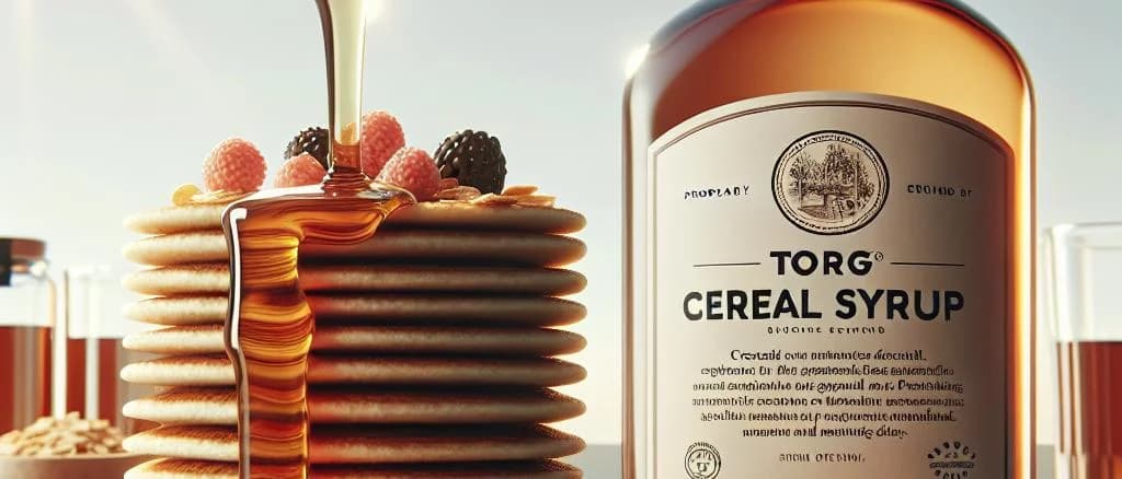 Various cereal syrup bottles on a wooden table with grains