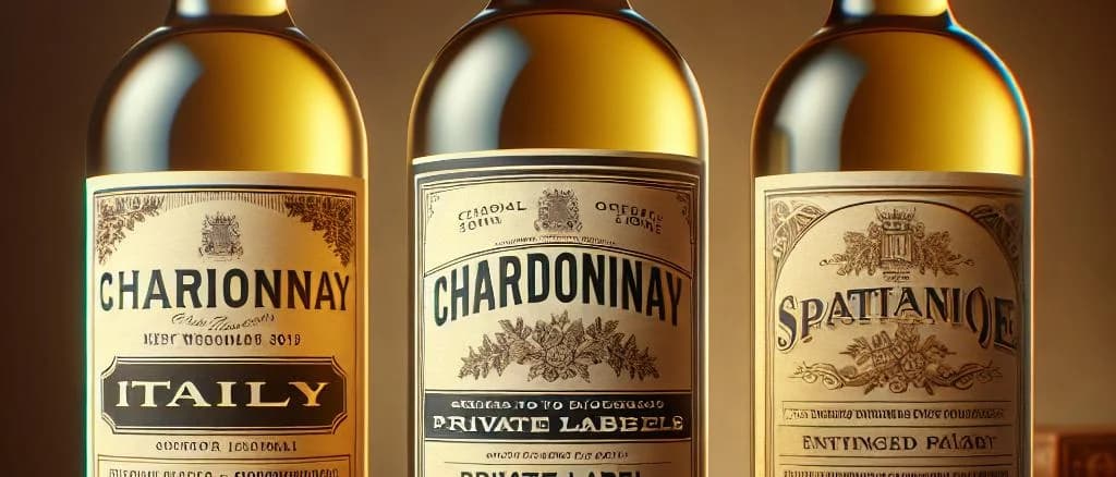 Assorted Chardonnay wine bottles on a rustic wooden background with vineyard setting