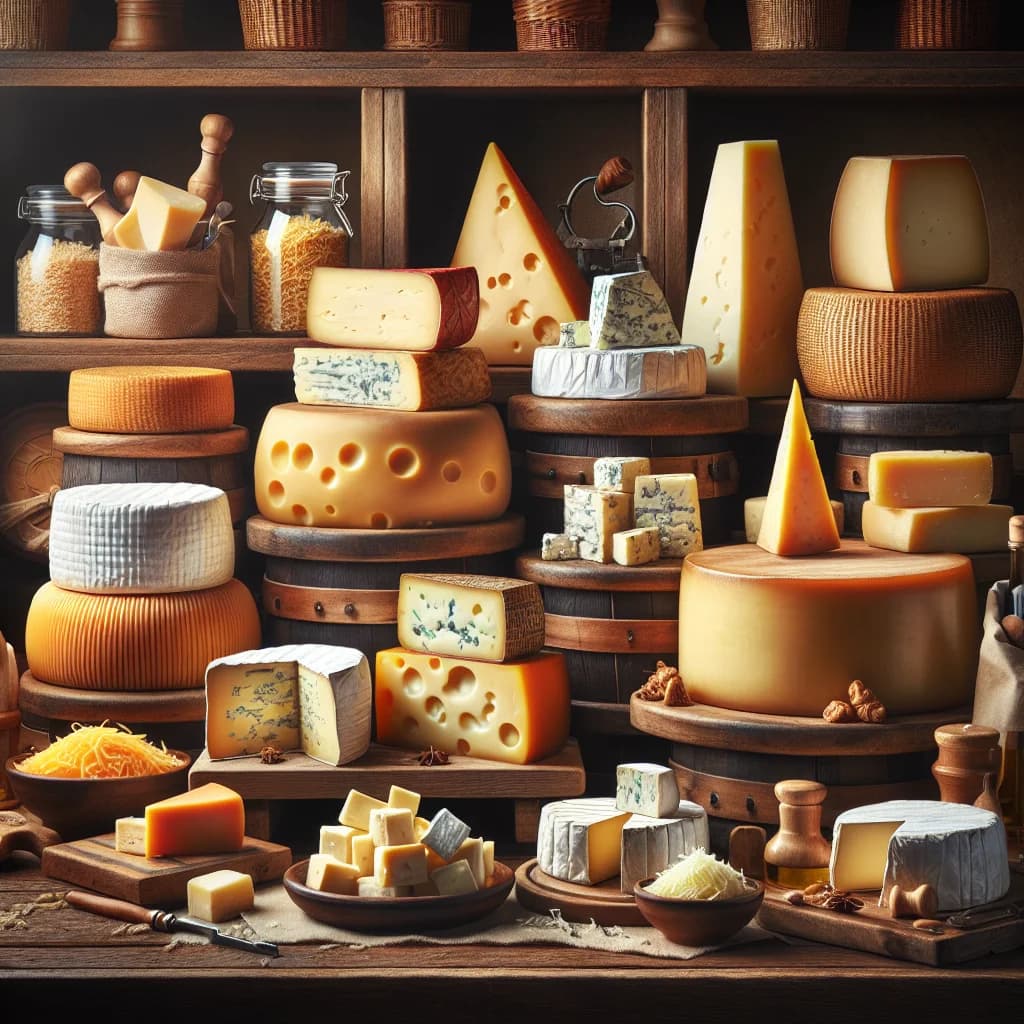 assorted cheese varieties on rustic wooden boards, showcasing blocks, wheels, and wedges in various textures and colors