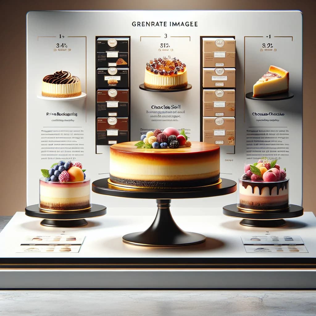 assorted cheesecake slices on elegant display with various flavors and packaging options