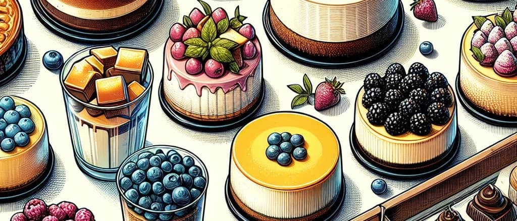 assortment of cheesecakes on display, showcasing diverse flavors and professional packaging