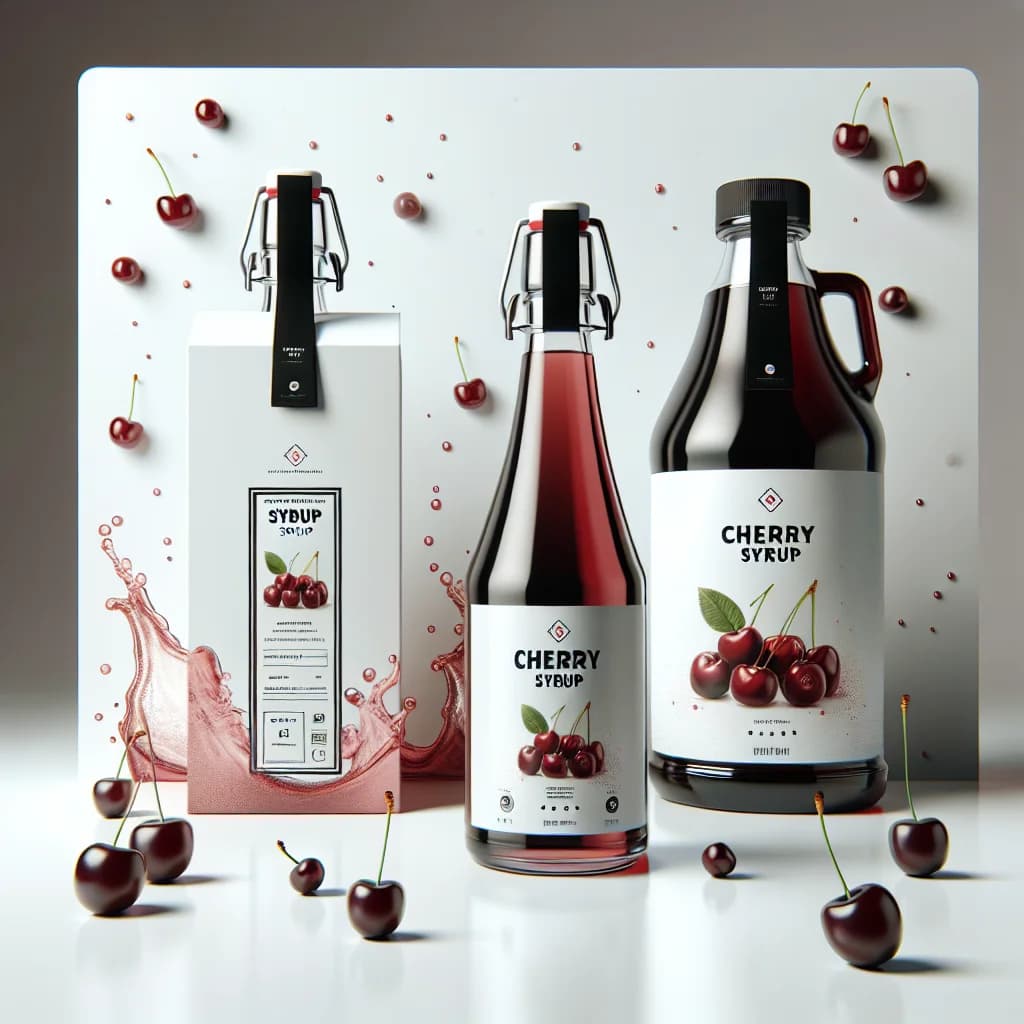 varied cherry syrup bottles with customized packaging on a professional product display