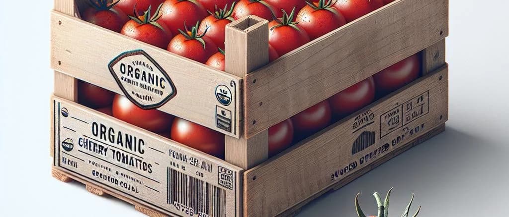 cherry tomatoes on wooden crate with multiple packaging options