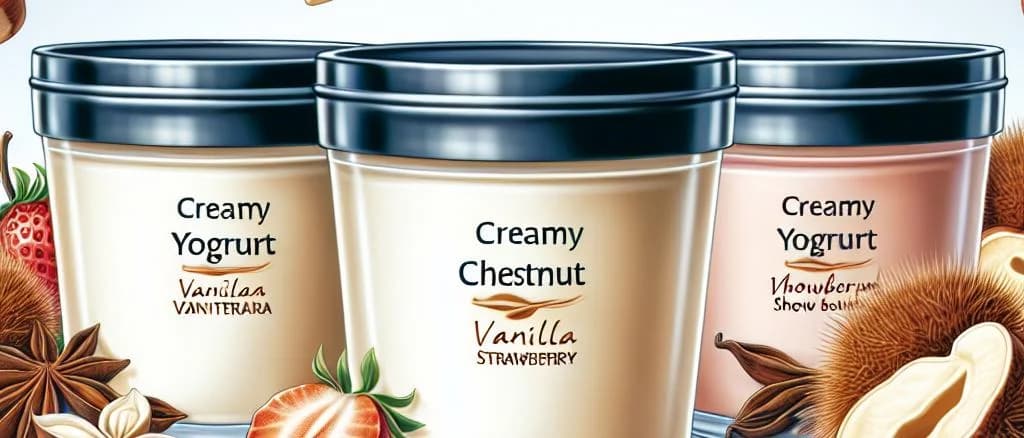 Variety of chestnut yogurt cups on a rustic wooden table