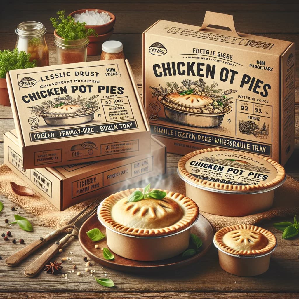 premium chicken pot pie variations in eco-friendly packaging with rustic background