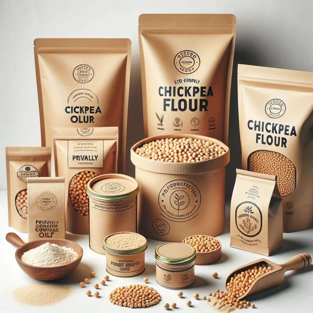 premium chickpea flour packaging in eco-friendly pouches and bulk bags on a clean white background