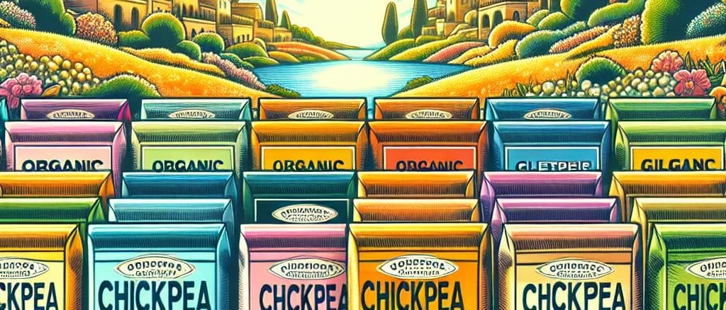 Assorted chickpea flour packaging variations displayed on a rustic kitchen counter