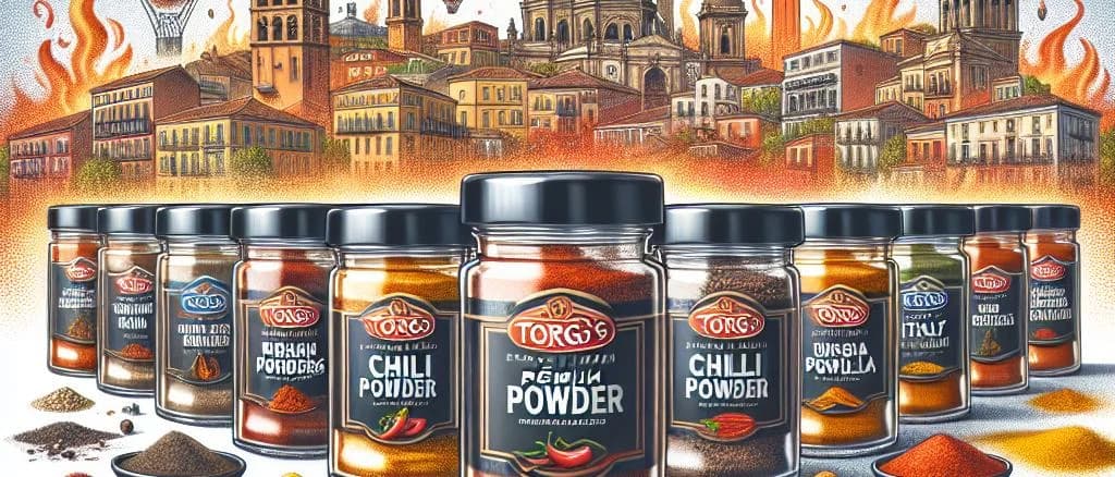 Assorted chili powders in vibrant packaging on a spice shelf