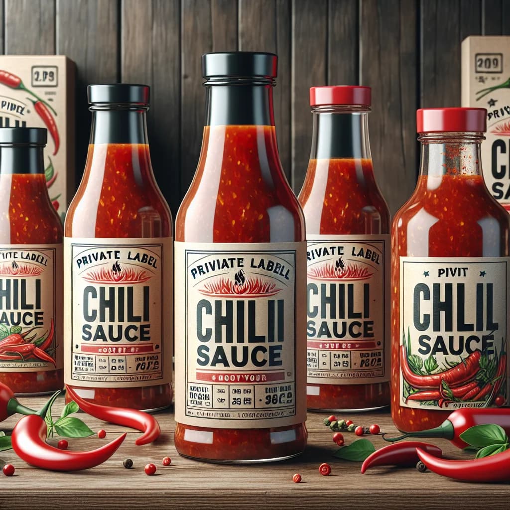 variety of chili sauce bottles in different packaging options on a wooden countertop background