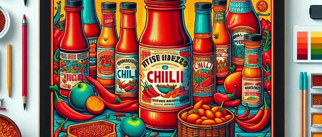 Various chili peppers on a wooden background with assorted packaging, showcasing vibrant colors and spice variations