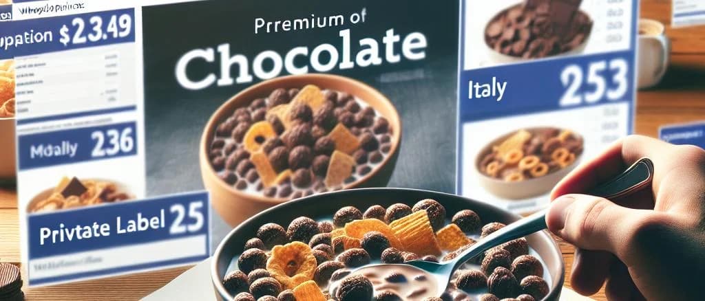 Assorted chocolate cereals with various packaging designs on a rustic wooden background