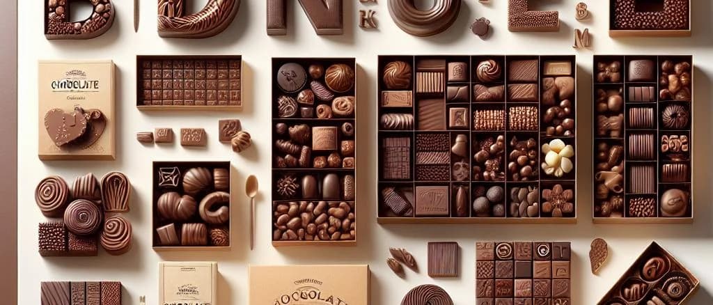 Assorted chocolate letters displayed in various packaging with festive backgrounds