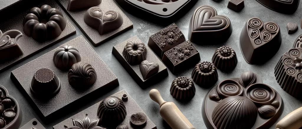 assorted chocolate moulds on display, featuring various shapes and designs