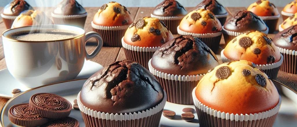 assortment of chocolate muffins with varied packaging on wooden background