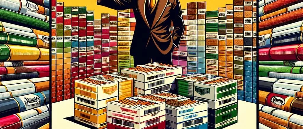 diverse cigarette packaging variations on a wooden counter