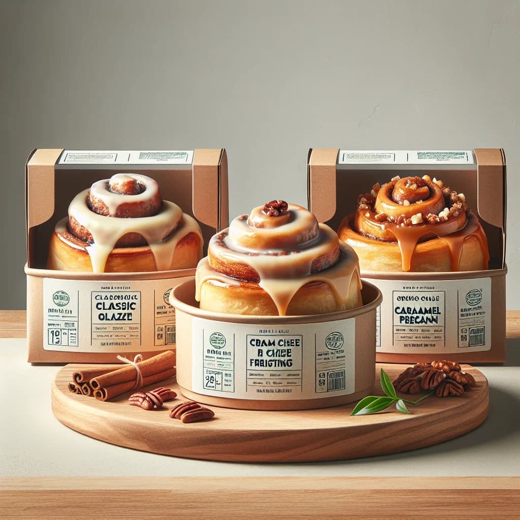 assorted cinnamon rolls in different variations with elegant packaging on a wooden countertop