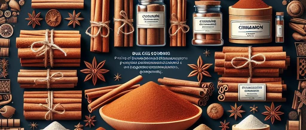 Cinnamon sticks and powdered cinnamon with various packaging on a rustic background