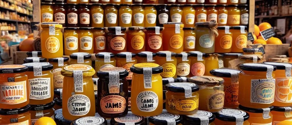 assorted citrus jams in glass jars with vibrant labels