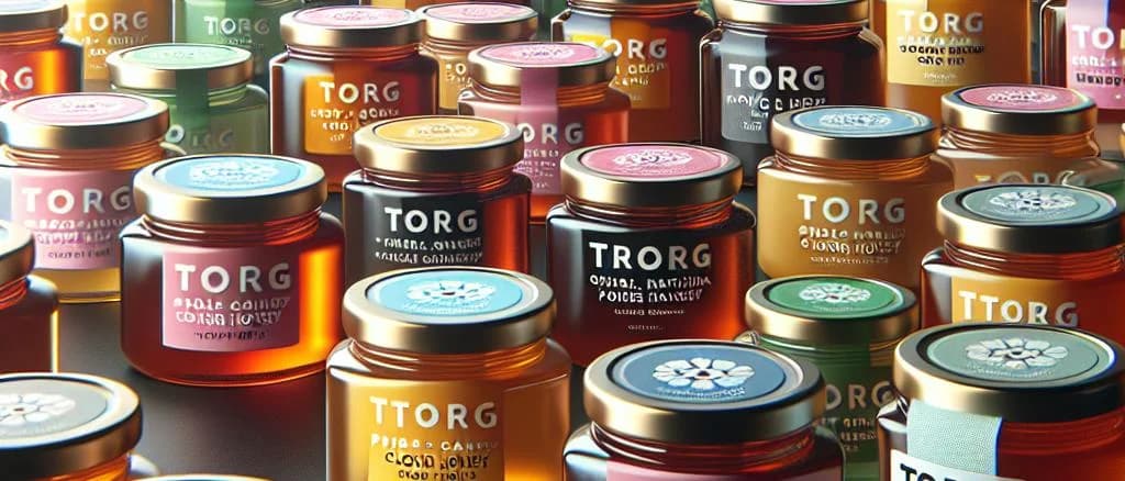 Assortment of clover honey jars with varied packaging on wooden background