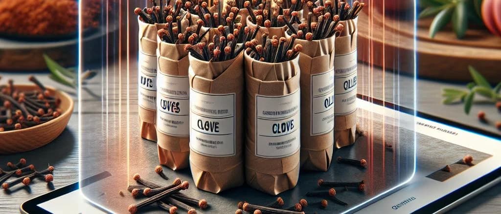 Diverse variations of clove spice packaging against a neutral background
